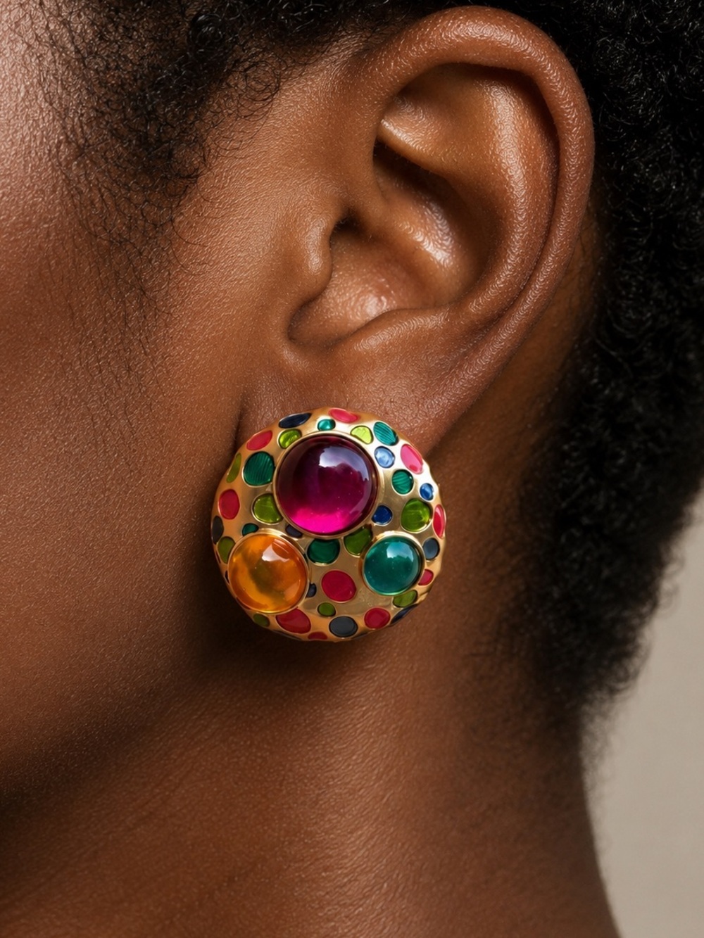 Colorful Multi-Gem Round Button Earrings - Gold Tone